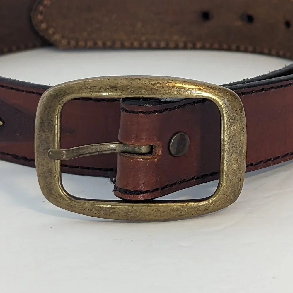 Western Leather Belt Diamond Pattern Geometric Bronze Tone Hardware‎ Vintage